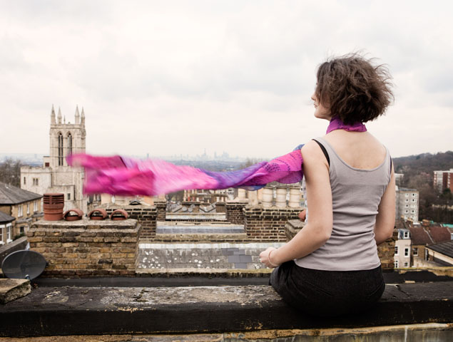 Scarf on model, rooftops